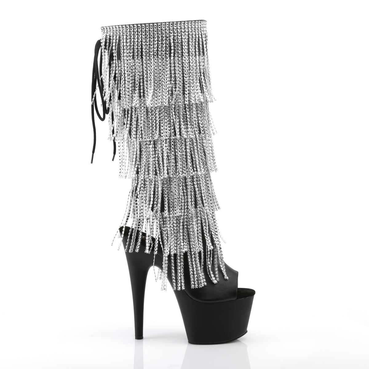 Pleaser ADORE-2024RSF Black / Black Matte Rhinestone Lace-Up Platform Knee High Boots - 7 Inch Heels