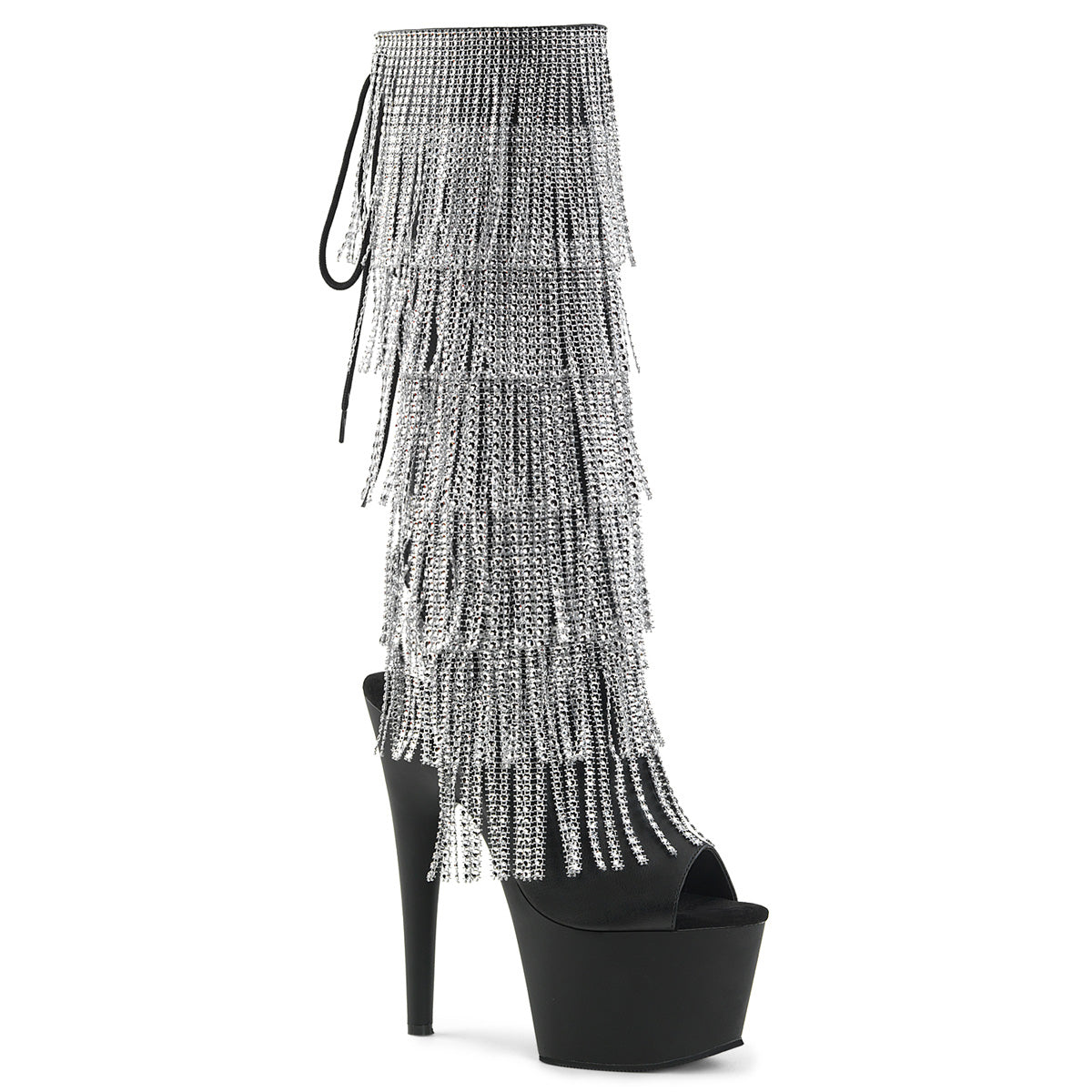 Pleaser ADORE-2024RSF Black / Black Matte Rhinestone Lace-Up Platform Knee High Boots - 7 Inch Heels