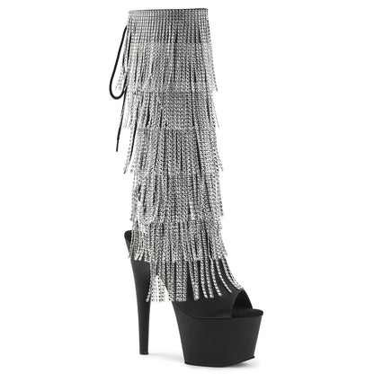 Pleaser ADORE-2024RSF Black / Black Matte Rhinestone Lace-Up Platform Knee High Boots - 7 Inch Heels