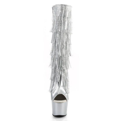 Pleaser ADORE-2024RSF Silver Metallic / Silver Matte Rhinestone Lace-Up Platform Knee High Boots - 7 Inch Heels
