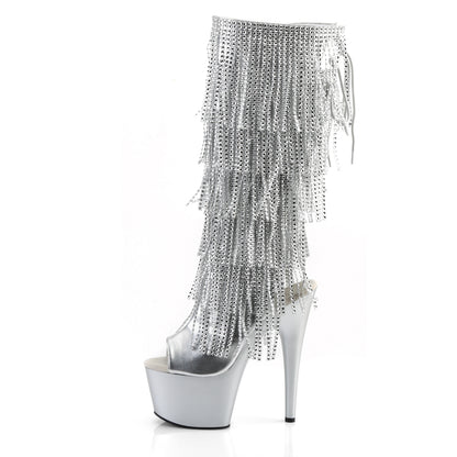 Pleaser ADORE-2024RSF Silver Metallic / Silver Matte Rhinestone Lace-Up Platform Knee High Boots - 7 Inch Heels