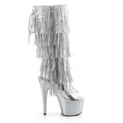 Pleaser ADORE-2024RSF Silver Metallic / Silver Matte Rhinestone Lace-Up Platform Knee High Boots - 7 Inch Heels