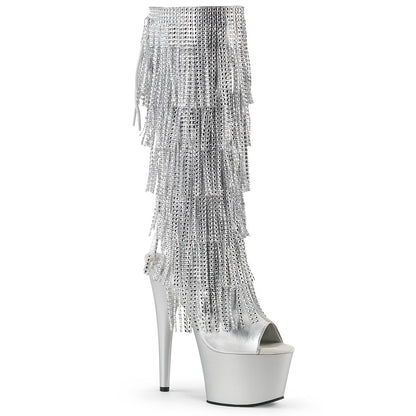 Pleaser ADORE-2024RSF Silver Metallic / Silver Matte Rhinestone Lace-Up Platform Knee High Boots - 7 Inch Heels