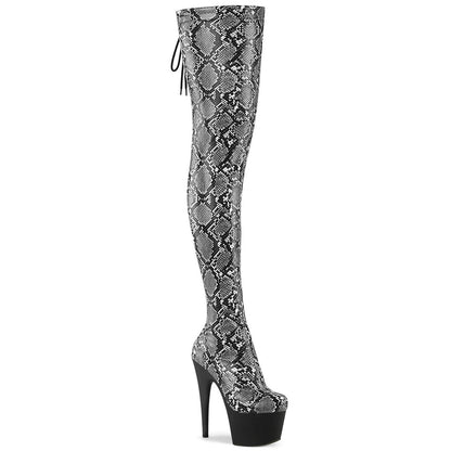 ADORE-3008SP-BT Pleaser Snake Print 7 Inch Exotic Dancing Thigh Boots Grey-Blk Snake Print Blk Matte