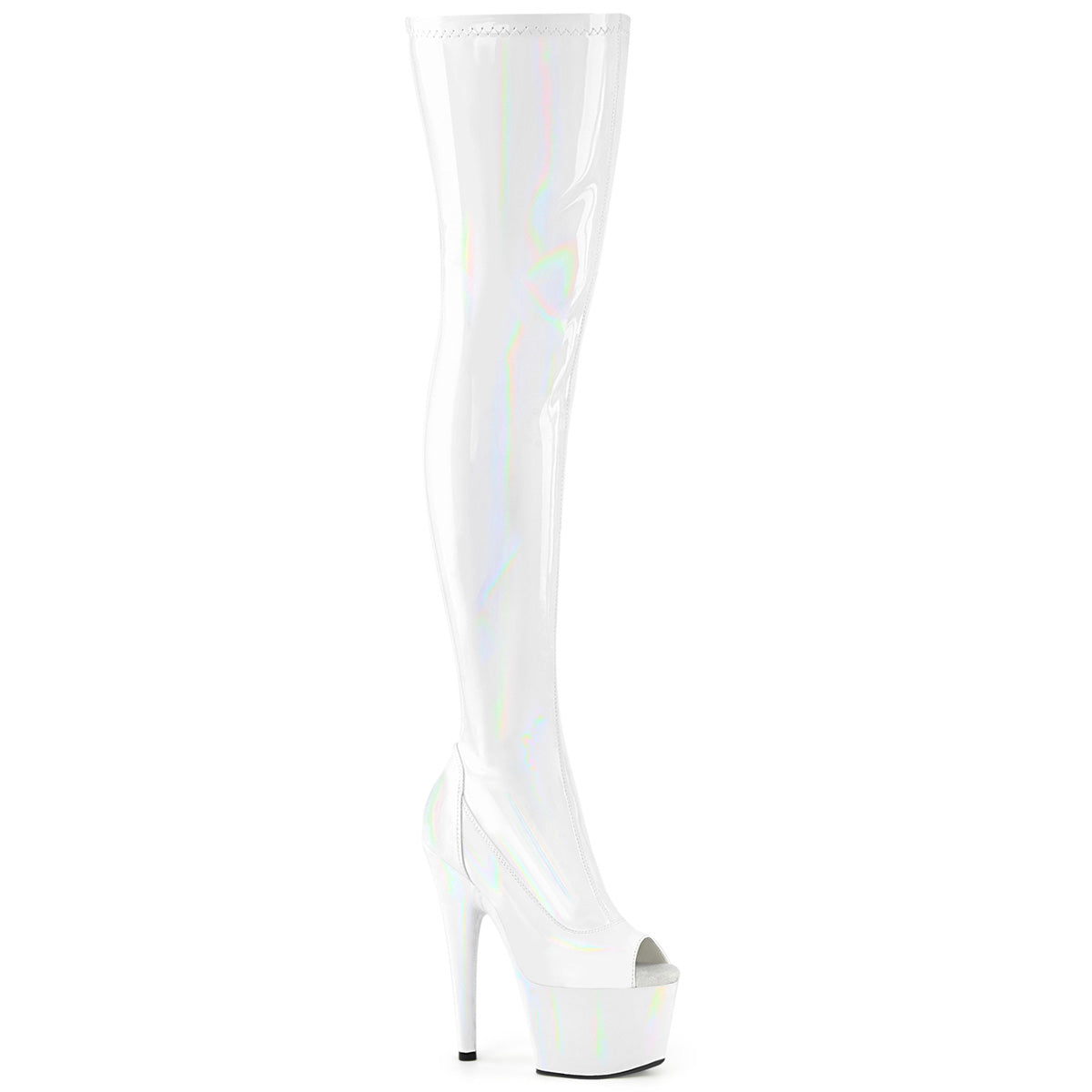 ADORE-3011HWR Pleaser White 7 Inch Platform Sexy Thigh Boots Wht Str. Holo Wht Holo