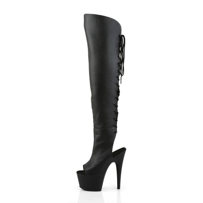Pleaser ADORE-3019 Black / Black Matte Lace-Up Open Toe Platform Over the Knee Boots - 7 Inch Heels