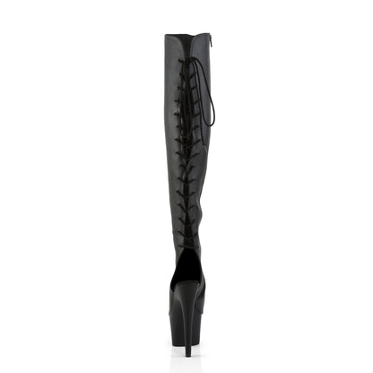 Pleaser ADORE-3019 Black / Black Matte Lace-Up Open Toe Platform Over the Knee Boots - 7 Inch Heels