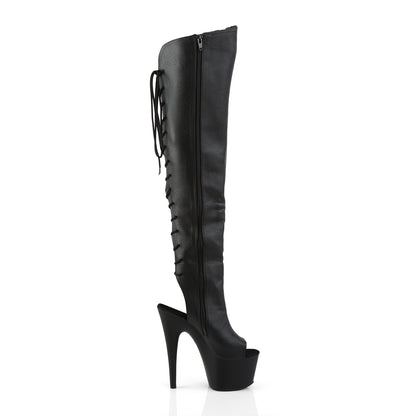 Pleaser ADORE-3019 Black / Black Matte Lace-Up Open Toe Platform Over the Knee Boots - 7 Inch Heels