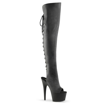 Pleaser ADORE-3019 Black / Black Matte Lace-Up Open Toe Platform Over the Knee Boots - 7 Inch Heels