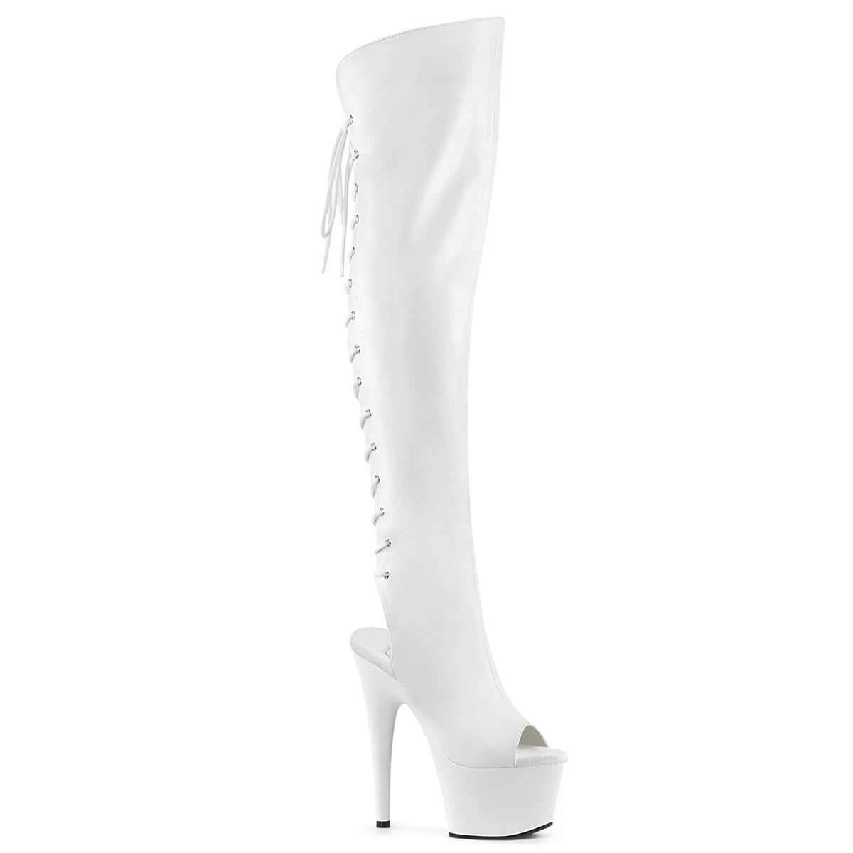 Pleaser ADORE-3019 White / White Matte Lace-Up Open Toe Platform Over the Knee Boots - 7 Inch Heels