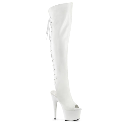 Pleaser ADORE-3019 White / White Matte Lace-Up Open Toe Platform Over the Knee Boots - 7 Inch Heels