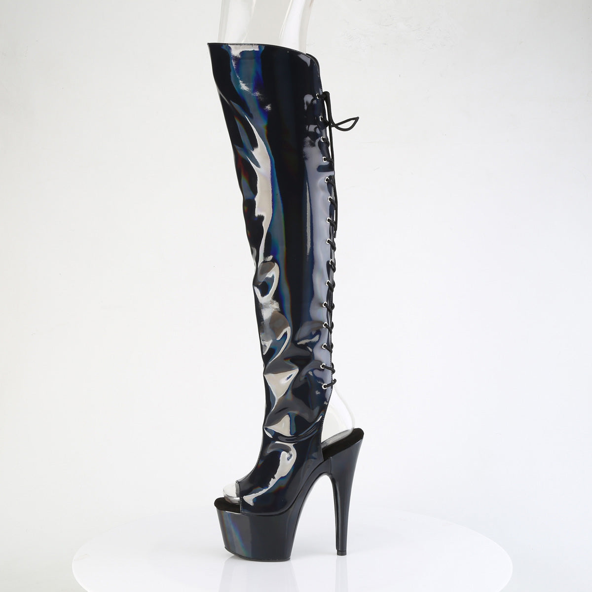ADORE-3019HWR Pleaser Black Holo 7 Inch Pole Dance Thigh Boots