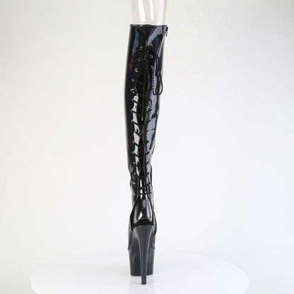 Pleaser ADORE-3019HWR Black Holographic Open Toe Platform Over the Knee Boots - 7 Inch Heels