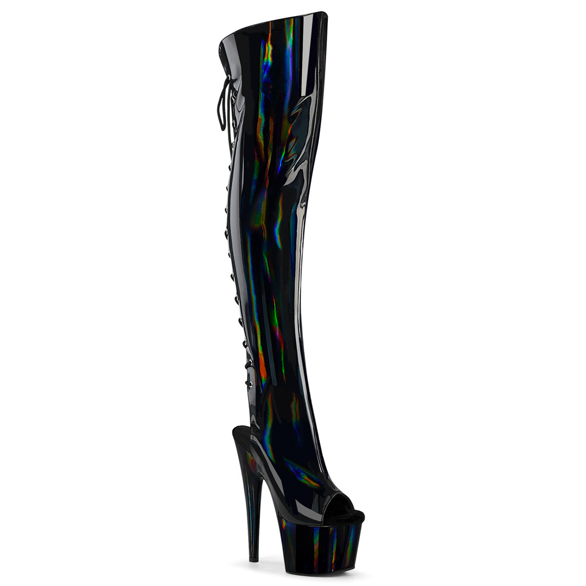 ADORE-3019HWR Pleaser Black Holo 7 Inch Pole Dance Thigh Boots Blk Str. Holo Blk Holo