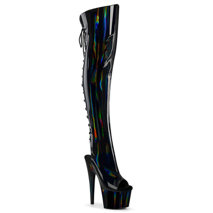 Pleaser ADORE-3019HWR Black Holographic Open Toe Platform Over the Knee Boots - 7 Inch Heels