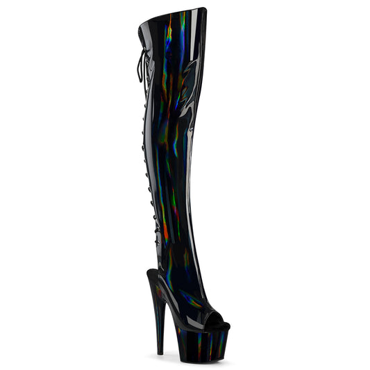 ADORE-3019HWR Pleaser Black Holo 7 Inch Pole Dance Thigh Boots