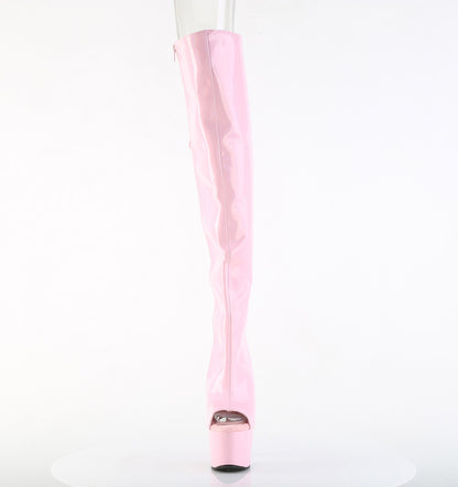 Pleaser ADORE-3019HWR Baby Pink Holographic Open Toe Platform Over the Knee Boots - 7 Inch Heels