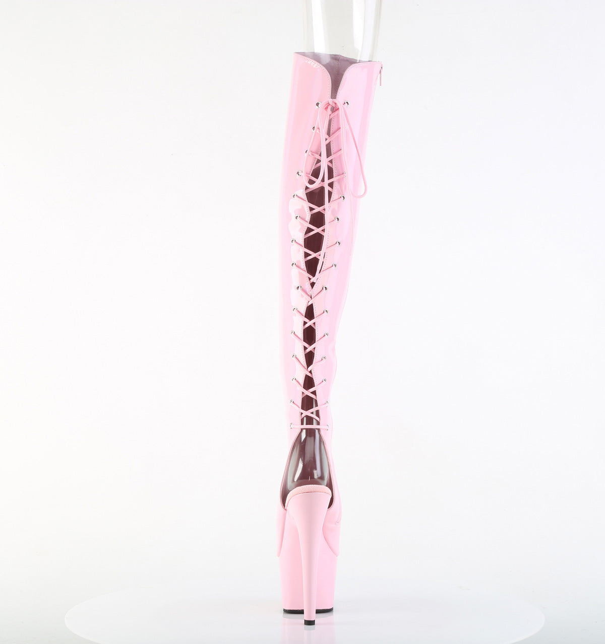 Pleaser ADORE-3019HWR Baby Pink Holographic Open Toe Platform Over the Knee Boots - 7 Inch Heels