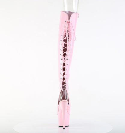 Pleaser ADORE-3019HWR Baby Pink Holographic Open Toe Platform Over the Knee Boots - 7 Inch Heels