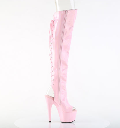 Pleaser ADORE-3019HWR Baby Pink Holographic Open Toe Platform Over the Knee Boots - 7 Inch Heels