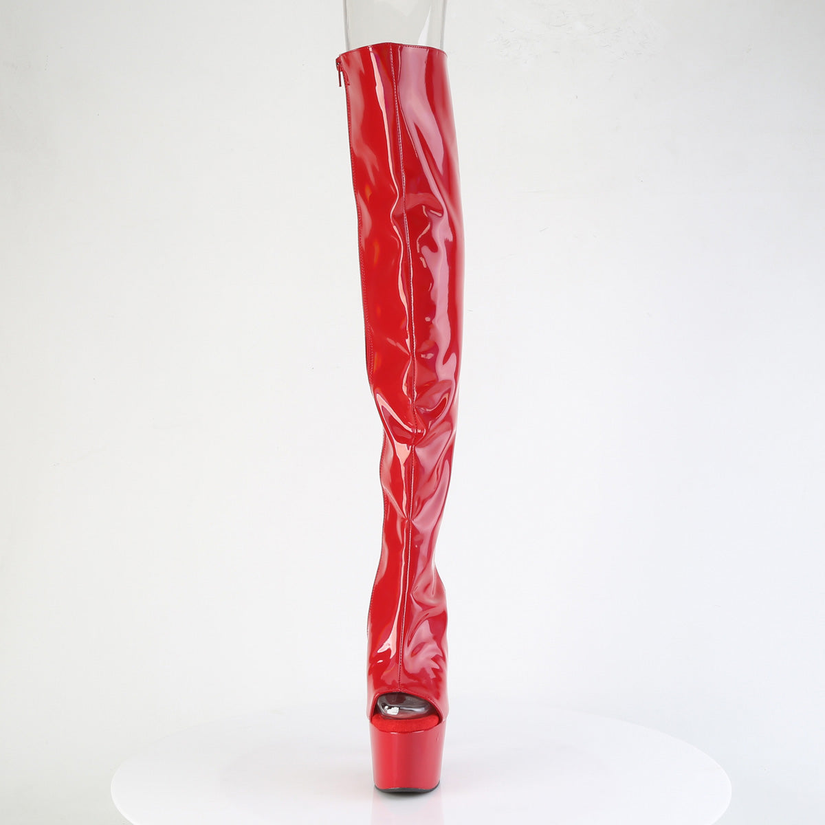 Pleaser ADORE-3019HWR Red Holographic Open Toe Platform Over the Knee Boots - 7 Inch Heels