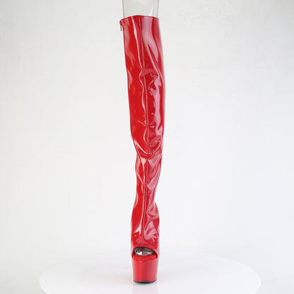 Pleaser ADORE-3019HWR Red Holographic Open Toe Platform Over the Knee Boots - 7 Inch Heels