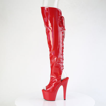 Pleaser ADORE-3019HWR Red Holographic Open Toe Platform Over the Knee Boots - 7 Inch Heels