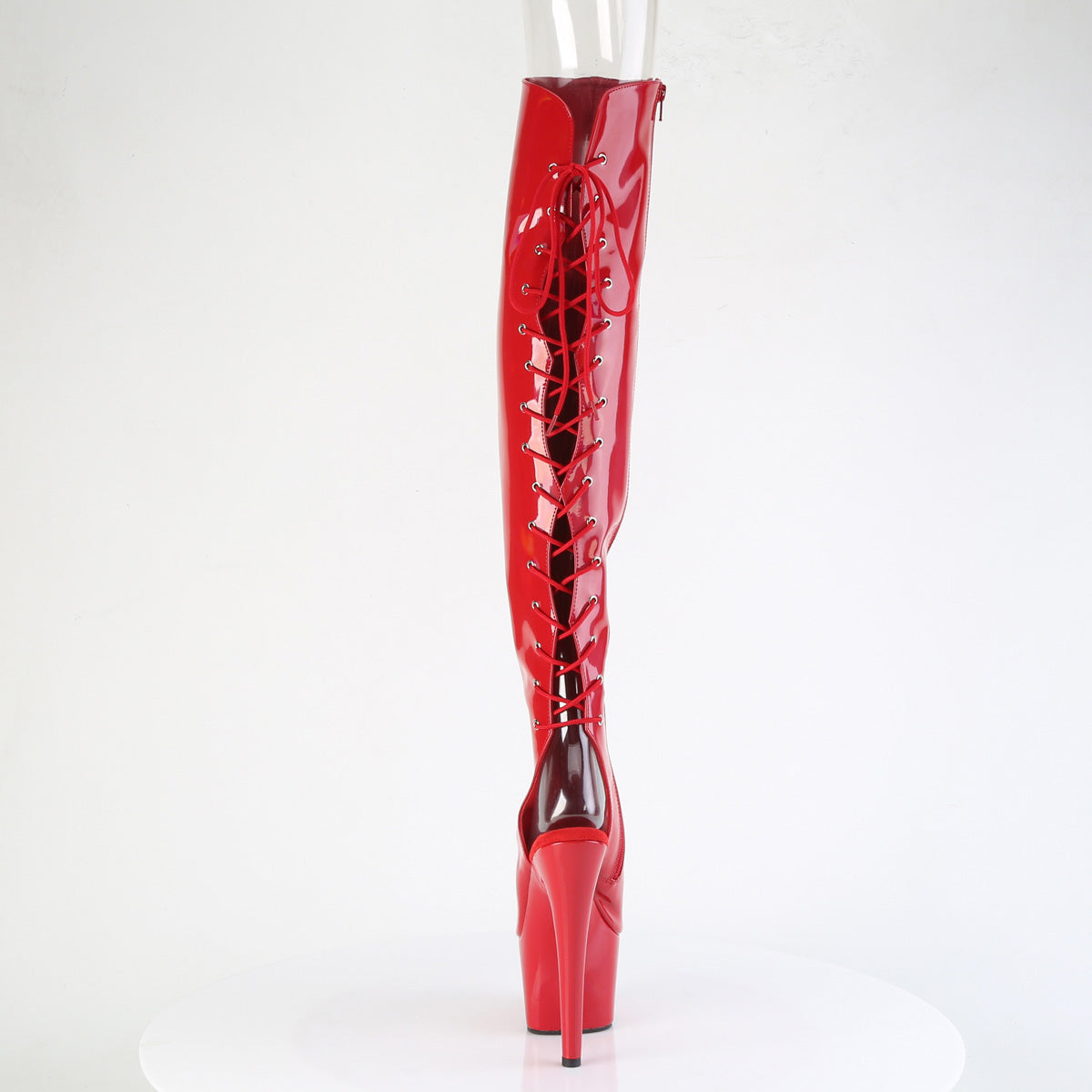 Pleaser ADORE-3019HWR Red Holographic Open Toe Platform Over the Knee Boots - 7 Inch Heels