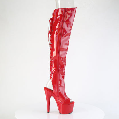 Pleaser ADORE-3019HWR Red Holographic Open Toe Platform Over the Knee Boots - 7 Inch Heels