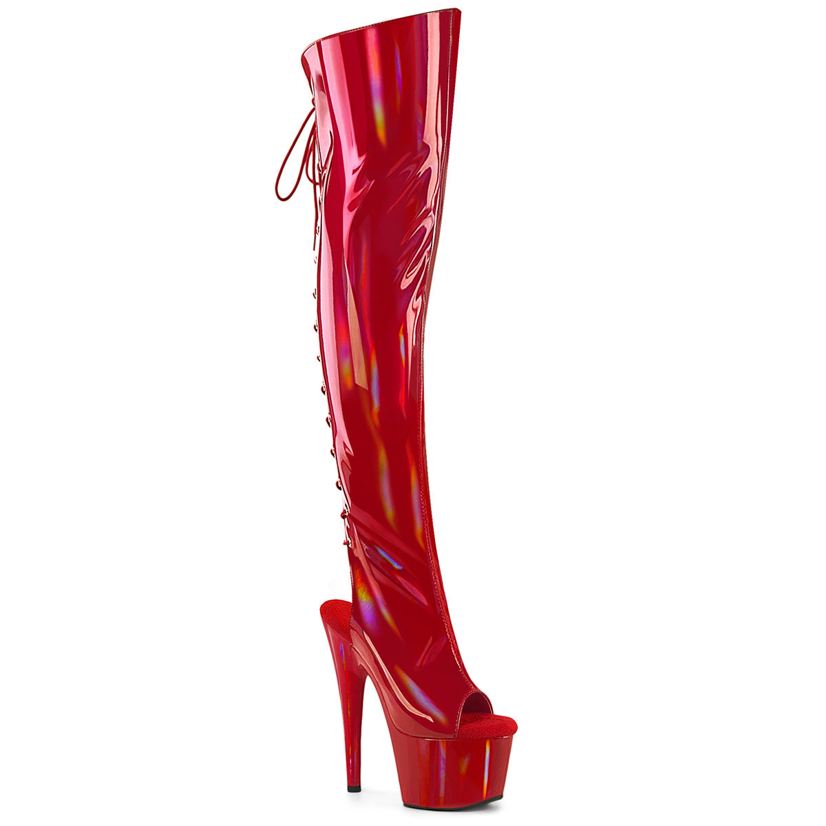 Pleaser ADORE-3019HWR Red Holographic Open Toe Platform Over the Knee Boots - 7 Inch Heels