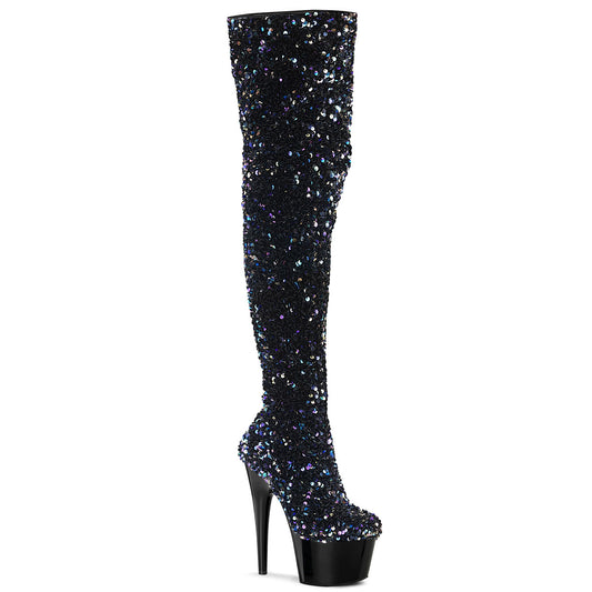 ADORE-3020 Pleaser Black Sequin 7 Inch Fetish Platform Thigh Boots