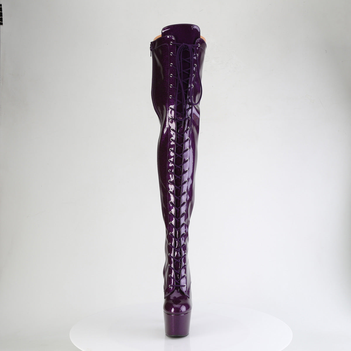 Pleaser ADORE-3020GP Purple Glitter Lace-Up Platform Thigh High Boots - 7 Inch Heels