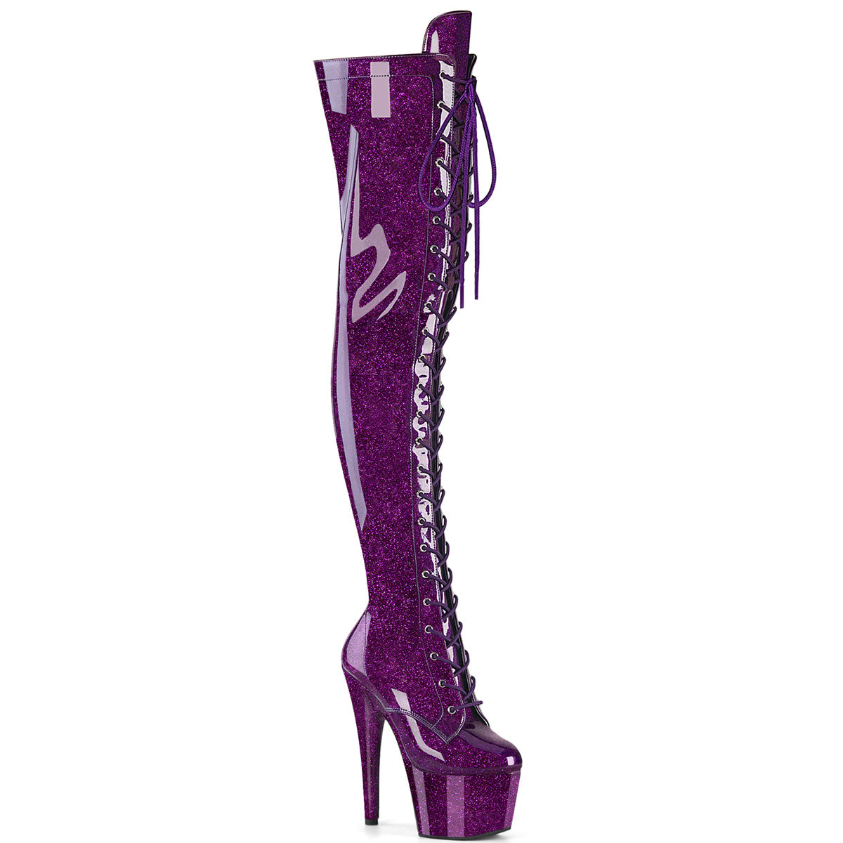 Pleaser ADORE-3020GP Purple Glitter Lace-Up Platform Thigh High Boots - 7 Inch Heels