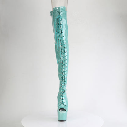 ADORE-3021GP Pleaser Aqua Glitter 7 Inch Exotic Platform Thigh Boots