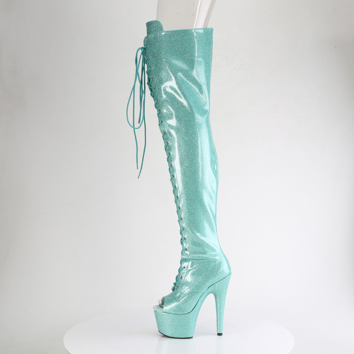 ADORE-3021GP Pleaser Aqua Glitter 7 Inch Exotic Platform Thigh Boots