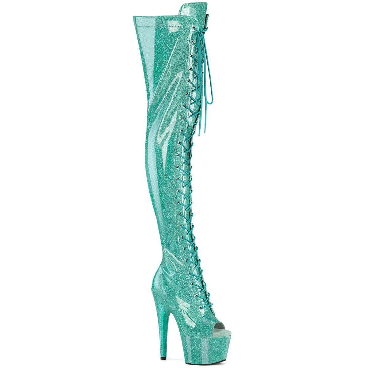 ADORE-3021GP Pleaser Aqua Glitter 7 Inch Exotic Platform Thigh Boots