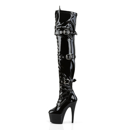ADORE-3028 Pleaser 7" Black Stretch Patent Pole Dancer Kinky Thigh High Boots