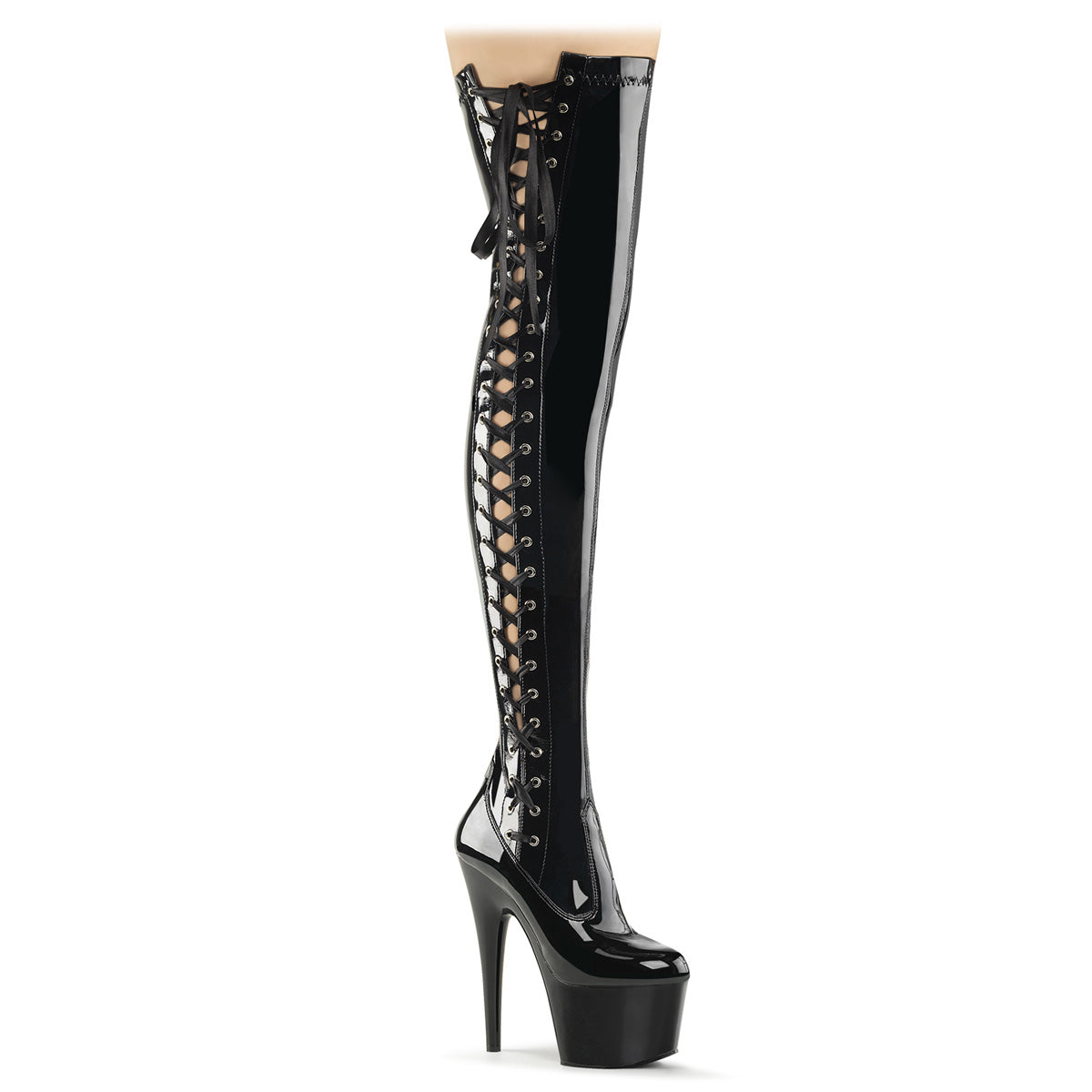ADORE-3050 Pleaser Black Patent 7 Inch Pole Dancing Thigh Boots Black Stretch Patent