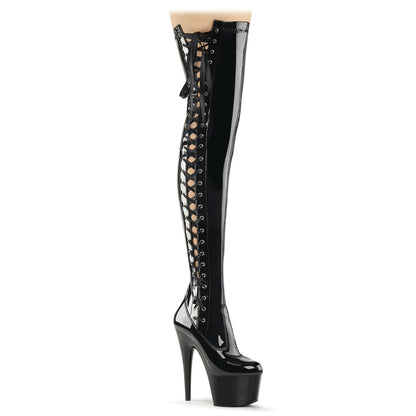 Pleaser ADORE-3050 Black Lace-Up Platform Thigh High Boots - 7 Inch Heels