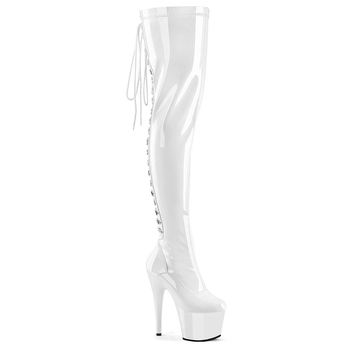 ADORE-3063 Pleaser White 7 Inch Lap Dance Thigh Boots Wht Str Pat Wht