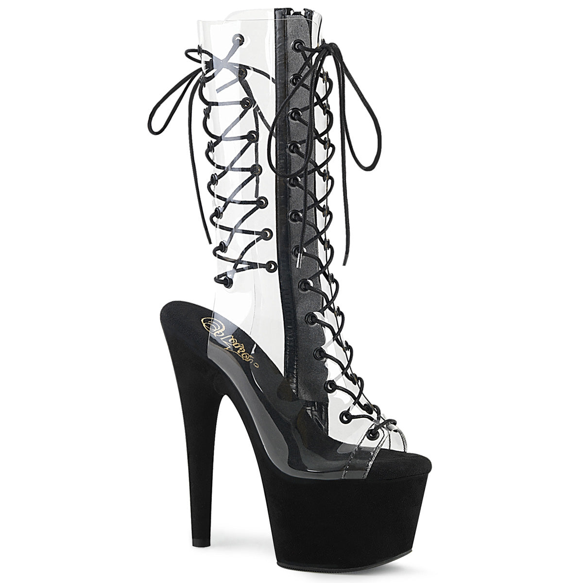 ADORE-700-60FS Sexy 7" Heel Clear Lace Up Pole Dancer Black Platform Mid-Calf Boots
