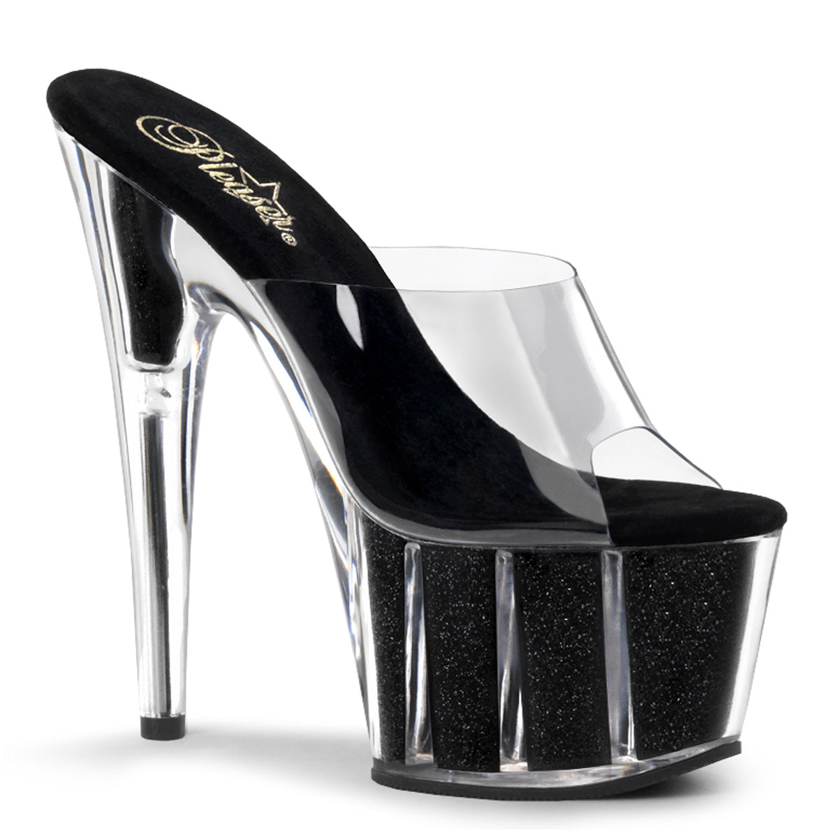 ADORE-701G Pleaser Black Glitter 7 Inch Pole Dance Exotic Heels Clear Black Glitter