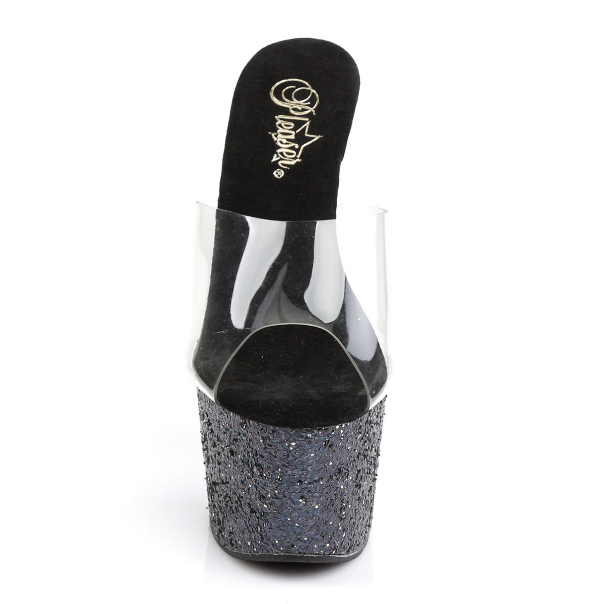 Pleaser ADORE-701LG Clear / Black Holographic Glitter Glitter Platform Mules - 7 Inch Heels