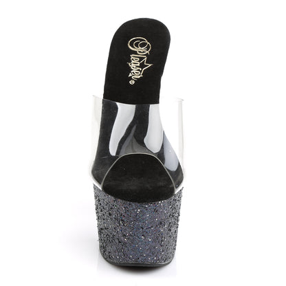 Pleaser ADORE-701LG Clear / Black Holographic Glitter Glitter Platform Mules - 7 Inch Heels