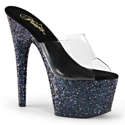 Pleaser ADORE-701LG Clear / Black Holographic Glitter Glitter Platform Mules - 7 Inch Heels