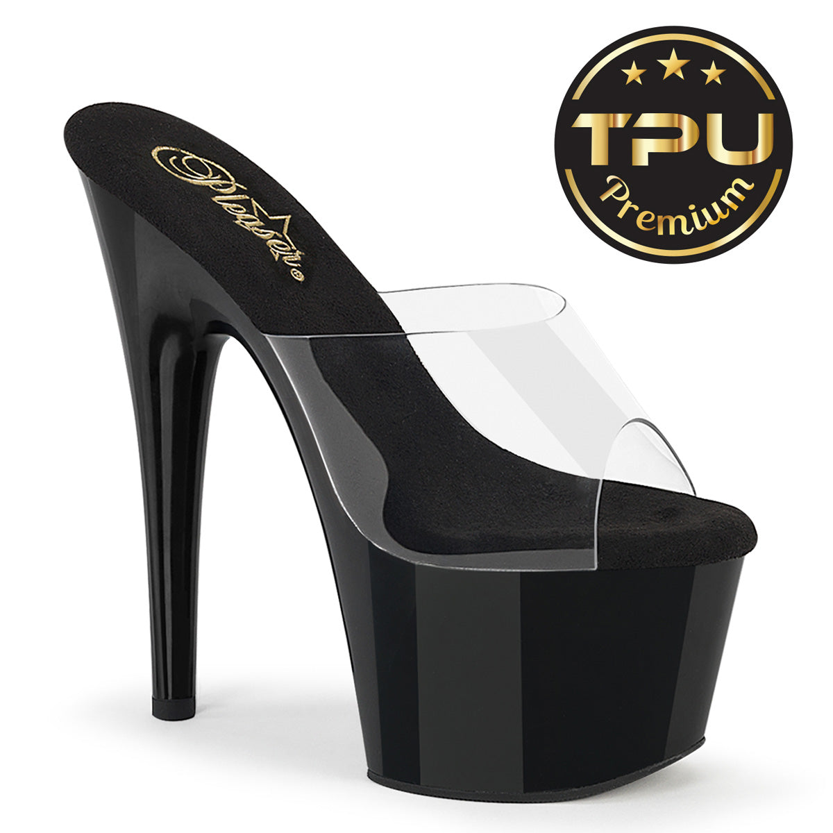 Pleaser ADORE-701PREM Clear/Black Platform Mules - 7 Inch Heels