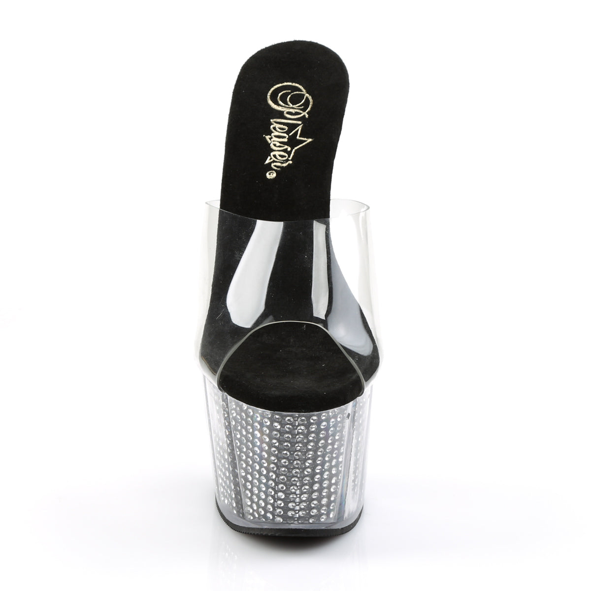 Pleaser ADORE-701SRS Clear / Black Simulated Rhinestones Rhinestone Platform Mules - 7 Inch Heels