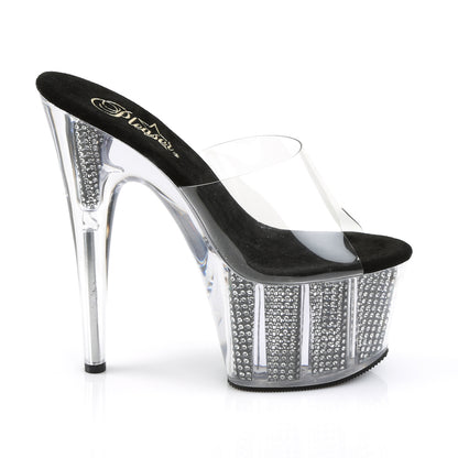 Pleaser ADORE-701SRS Clear / Black Simulated Rhinestones Rhinestone Platform Mules - 7 Inch Heels