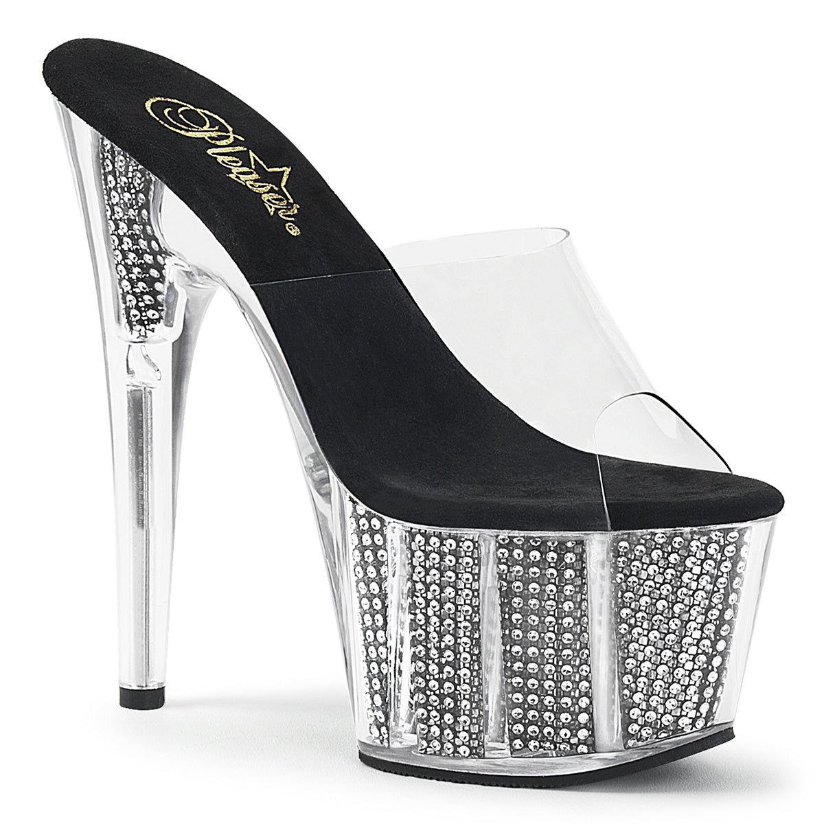 Pleaser ADORE-701SRS Clear / Black Simulated Rhinestones Rhinestone Platform Mules - 7 Inch Heels