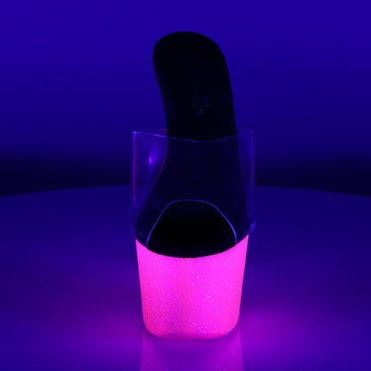 Pleaser ADORE-701UVG Clear / Neon Hot Pink Glitter Glitter Platform Mules - 7 Inch Heels